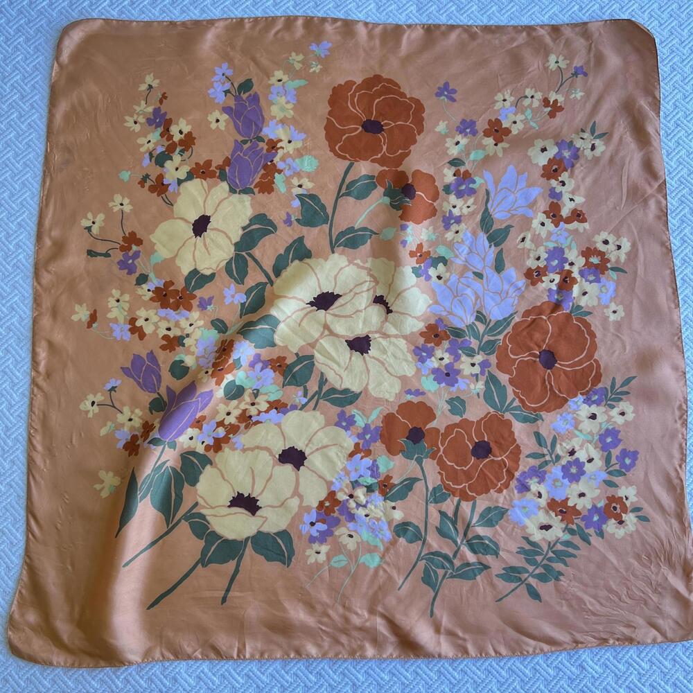 Vintage Silk? Floral Handmade Printed Scarf Orange White Yellow Square 24x24 - Picture 5 of 15